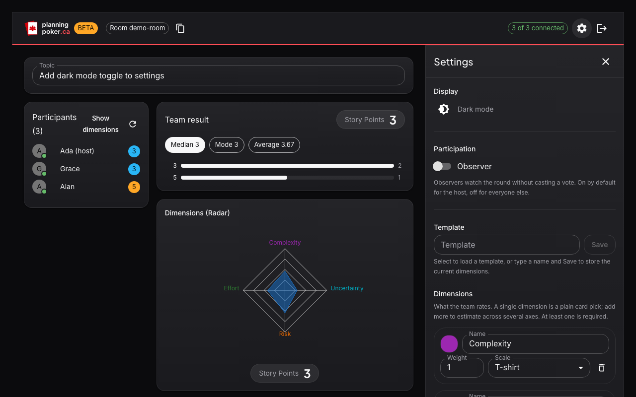 Le panneau de paramètres ouvert : configuration du modèle et des dimensions, ainsi que le bouton clair/sombre de l'app elle-même