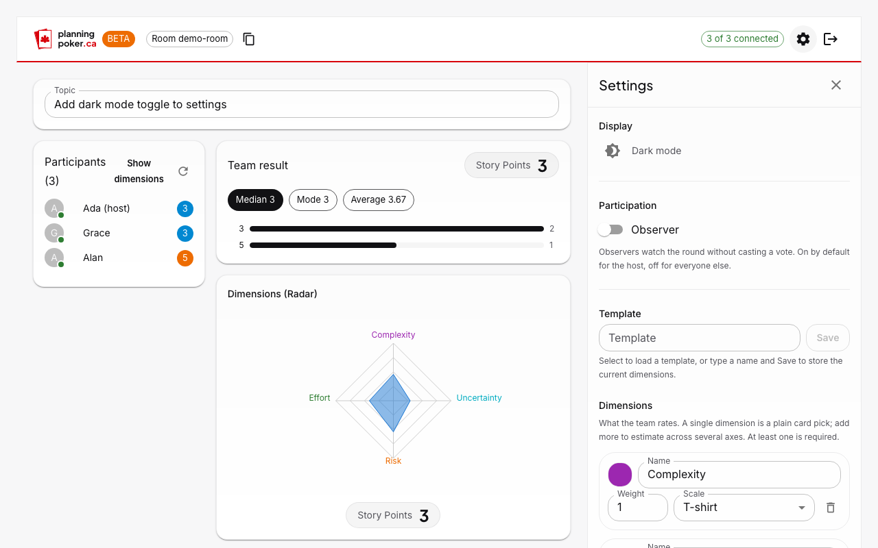 Le panneau de paramètres ouvert : configuration du modèle et des dimensions, ainsi que le bouton clair/sombre de l'app elle-même